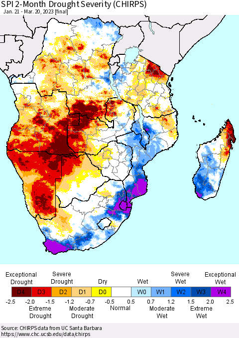 Southern Africa SPI 2-Month Drought Severity (CHIRPS) Thematic Map For 1/21/2023 - 3/20/2023