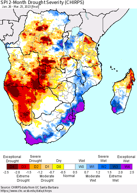 Southern Africa SPI 2-Month Drought Severity (CHIRPS) Thematic Map For 1/26/2023 - 3/25/2023