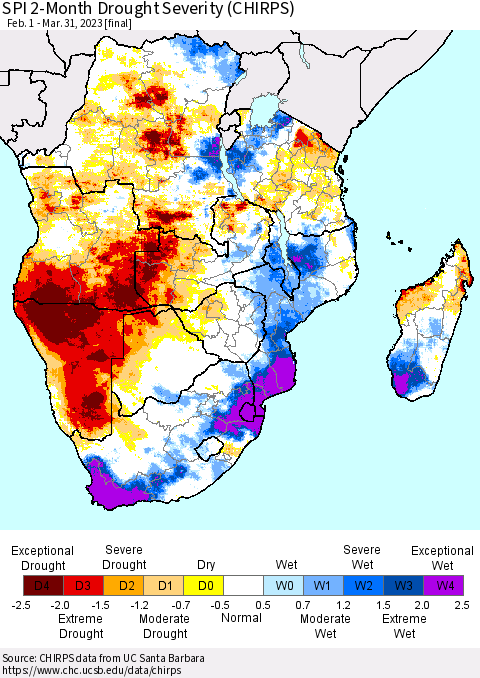 Southern Africa SPI 2-Month Drought Severity (CHIRPS) Thematic Map For 2/1/2023 - 3/31/2023