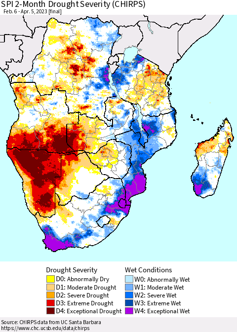 Southern Africa SPI 2-Month Drought Severity (CHIRPS) Thematic Map For 2/6/2023 - 4/5/2023