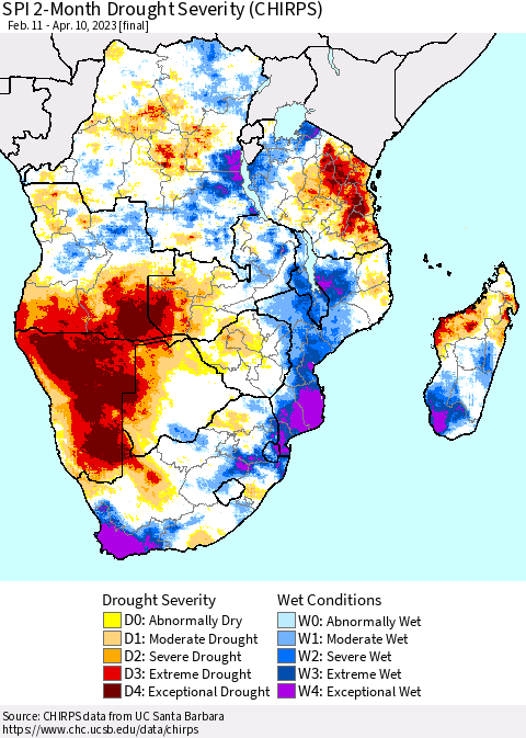 Southern Africa SPI 2-Month Drought Severity (CHIRPS) Thematic Map For 2/11/2023 - 4/10/2023