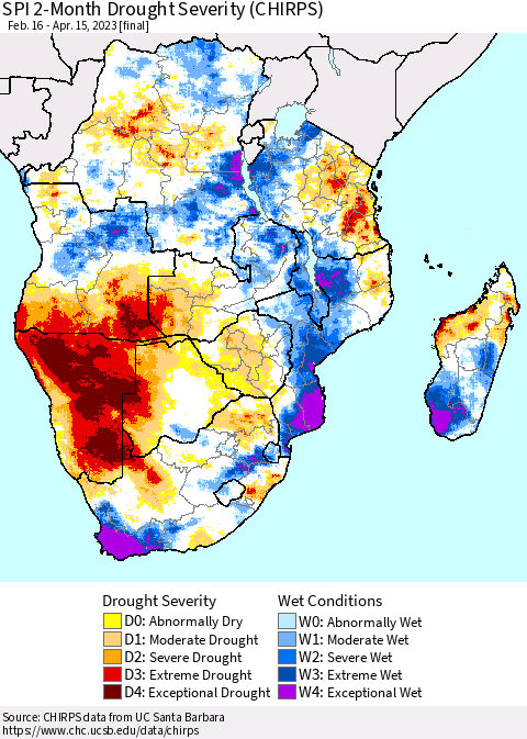 Southern Africa SPI 2-Month Drought Severity (CHIRPS) Thematic Map For 2/16/2023 - 4/15/2023