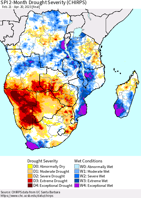 Southern Africa SPI 2-Month Drought Severity (CHIRPS) Thematic Map For 2/21/2023 - 4/20/2023
