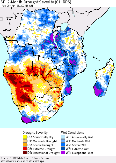 Southern Africa SPI 2-Month Drought Severity (CHIRPS) Thematic Map For 2/26/2023 - 4/25/2023