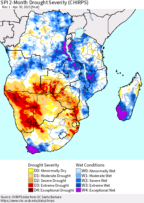 Southern Africa SPI 2-Month Drought Severity (CHIRPS) Thematic Map For 3/1/2023 - 4/30/2023