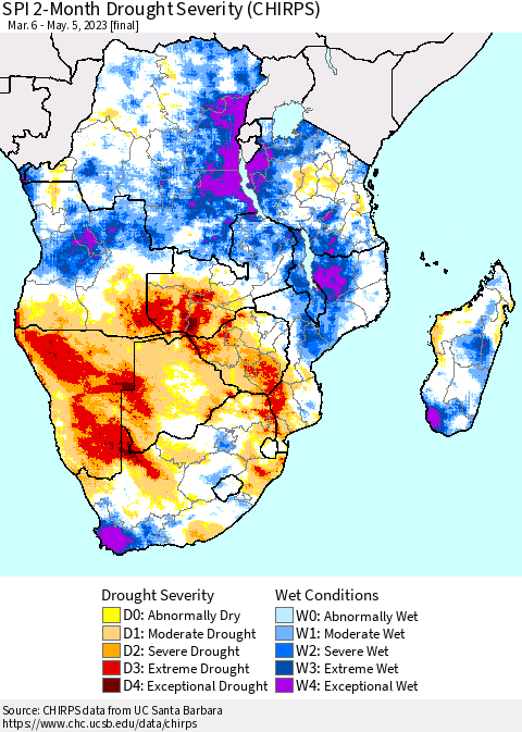 Southern Africa SPI 2-Month Drought Severity (CHIRPS) Thematic Map For 3/6/2023 - 5/5/2023