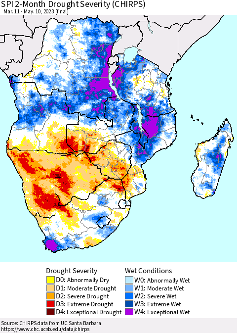 Southern Africa SPI 2-Month Drought Severity (CHIRPS) Thematic Map For 3/11/2023 - 5/10/2023