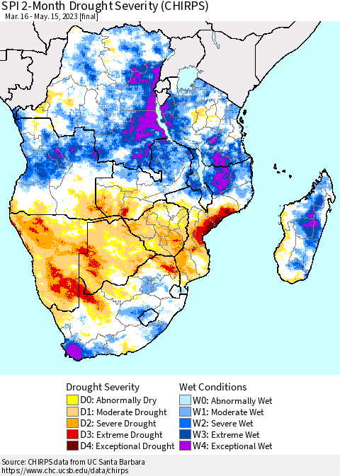 Southern Africa SPI 2-Month Drought Severity (CHIRPS) Thematic Map For 3/16/2023 - 5/15/2023