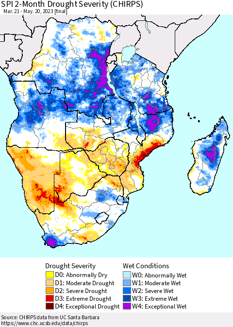 Southern Africa SPI 2-Month Drought Severity (CHIRPS) Thematic Map For 3/21/2023 - 5/20/2023