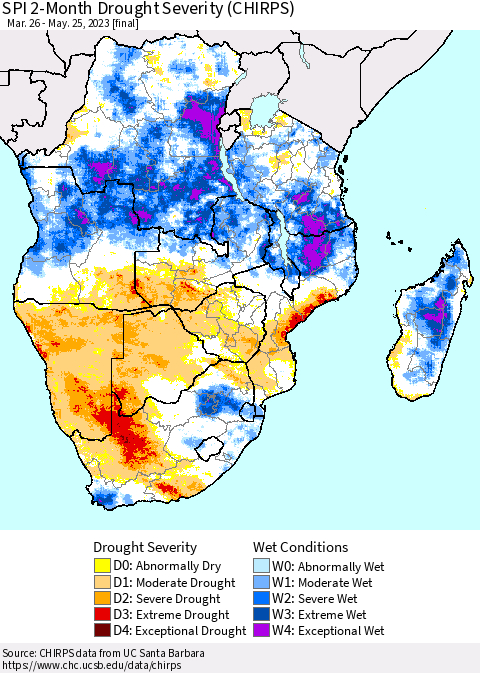 Southern Africa SPI 2-Month Drought Severity (CHIRPS) Thematic Map For 3/26/2023 - 5/25/2023
