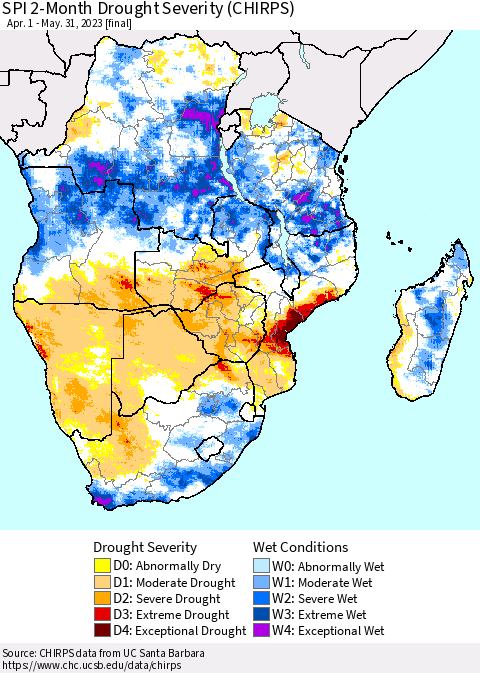 Southern Africa SPI 2-Month Drought Severity (CHIRPS) Thematic Map For 4/1/2023 - 5/31/2023