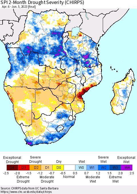 Southern Africa SPI 2-Month Drought Severity (CHIRPS) Thematic Map For 4/6/2023 - 6/5/2023
