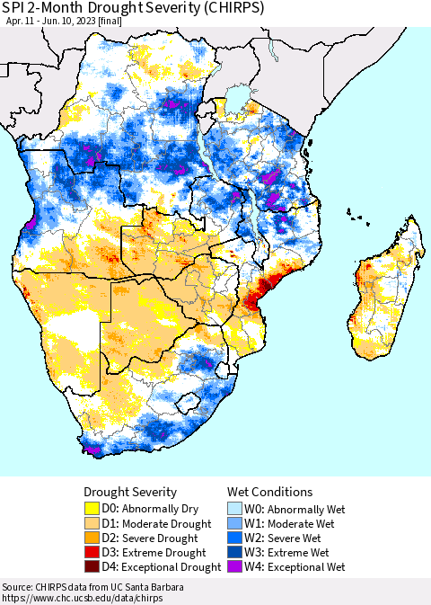 Southern Africa SPI 2-Month Drought Severity (CHIRPS) Thematic Map For 4/11/2023 - 6/10/2023