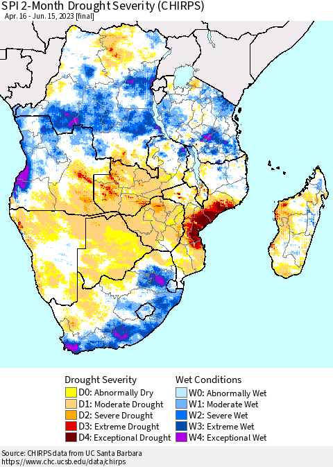 Southern Africa SPI 2-Month Drought Severity (CHIRPS) Thematic Map For 4/16/2023 - 6/15/2023