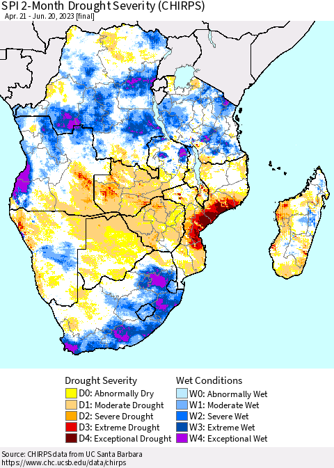 Southern Africa SPI 2-Month Drought Severity (CHIRPS) Thematic Map For 4/21/2023 - 6/20/2023