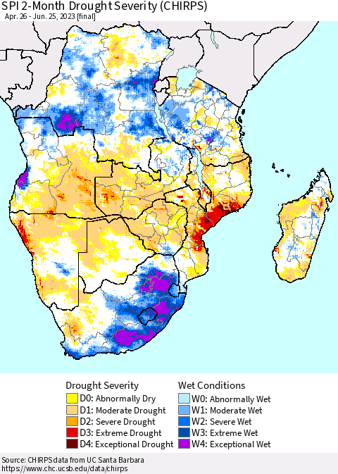 Southern Africa SPI 2-Month Drought Severity (CHIRPS) Thematic Map For 4/26/2023 - 6/25/2023