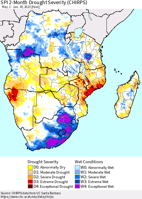 Southern Africa SPI 2-Month Drought Severity (CHIRPS) Thematic Map For 5/1/2023 - 6/30/2023