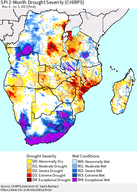 Southern Africa SPI 2-Month Drought Severity (CHIRPS) Thematic Map For 5/6/2023 - 7/5/2023