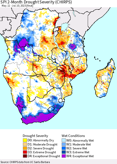 Southern Africa SPI 2-Month Drought Severity (CHIRPS) Thematic Map For 5/11/2023 - 7/10/2023