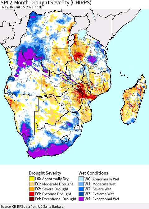 Southern Africa SPI 2-Month Drought Severity (CHIRPS) Thematic Map For 5/16/2023 - 7/15/2023