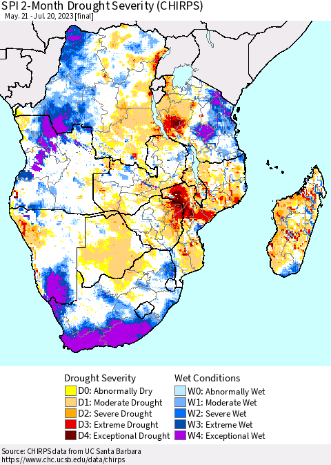 Southern Africa SPI 2-Month Drought Severity (CHIRPS) Thematic Map For 5/21/2023 - 7/20/2023