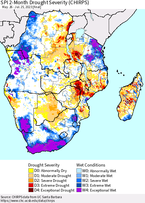 Southern Africa SPI 2-Month Drought Severity (CHIRPS) Thematic Map For 5/26/2023 - 7/25/2023