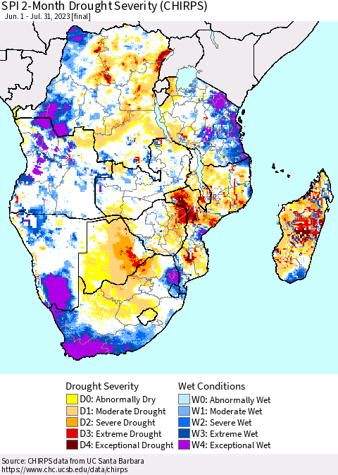 Southern Africa SPI 2-Month Drought Severity (CHIRPS) Thematic Map For 6/1/2023 - 7/31/2023
