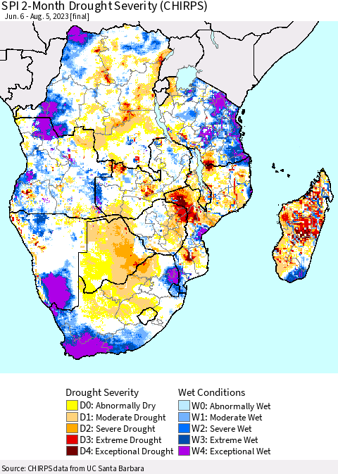 Southern Africa SPI 2-Month Drought Severity (CHIRPS) Thematic Map For 6/6/2023 - 8/5/2023