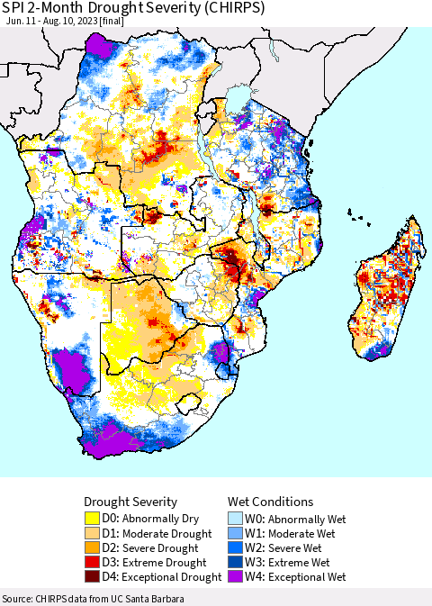 Southern Africa SPI 2-Month Drought Severity (CHIRPS) Thematic Map For 6/11/2023 - 8/10/2023