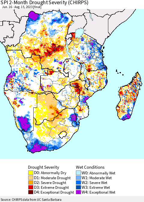 Southern Africa SPI 2-Month Drought Severity (CHIRPS) Thematic Map For 6/16/2023 - 8/15/2023
