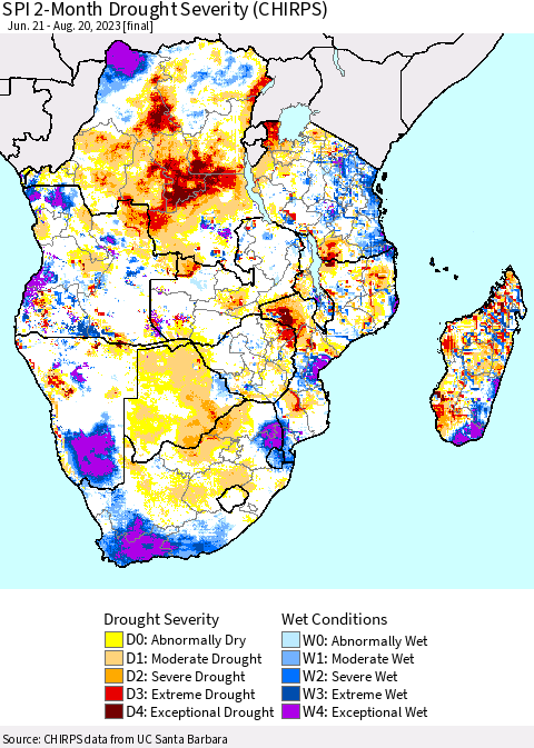 Southern Africa SPI 2-Month Drought Severity (CHIRPS) Thematic Map For 6/21/2023 - 8/20/2023