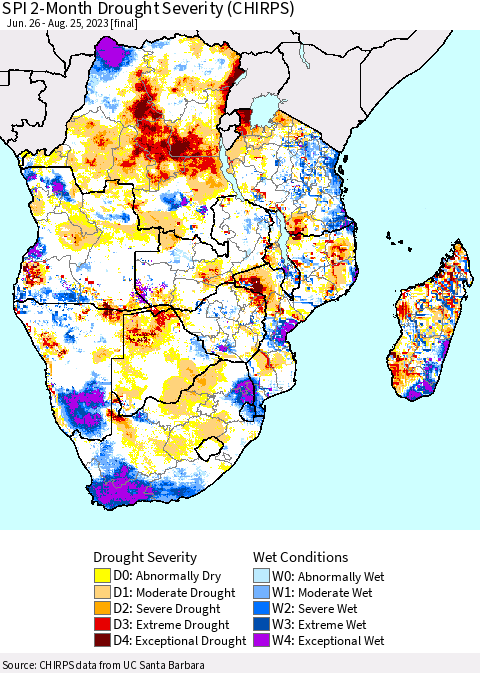 Southern Africa SPI 2-Month Drought Severity (CHIRPS) Thematic Map For 6/26/2023 - 8/25/2023