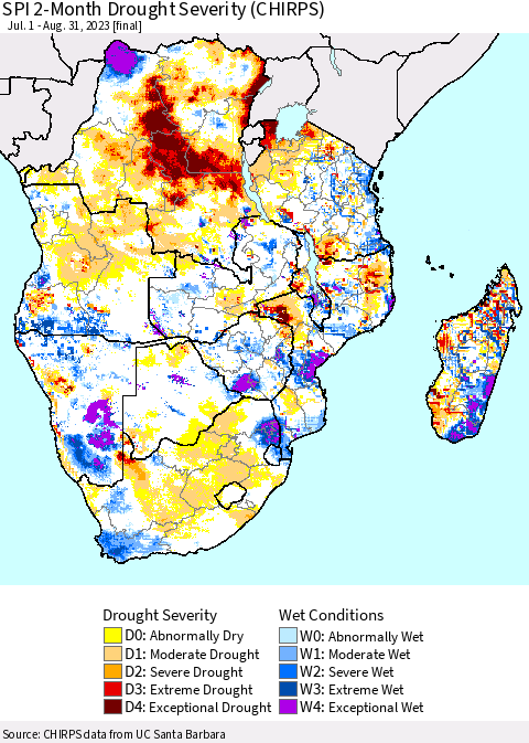 Southern Africa SPI 2-Month Drought Severity (CHIRPS) Thematic Map For 7/1/2023 - 8/31/2023