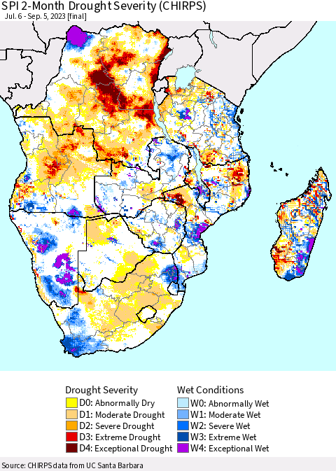 Southern Africa SPI 2-Month Drought Severity (CHIRPS) Thematic Map For 7/6/2023 - 9/5/2023