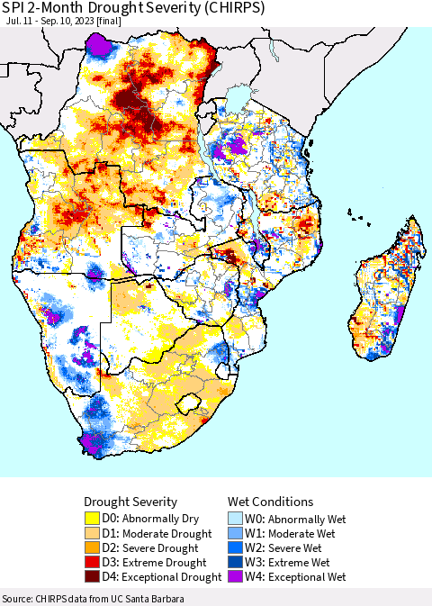 Southern Africa SPI 2-Month Drought Severity (CHIRPS) Thematic Map For 7/11/2023 - 9/10/2023