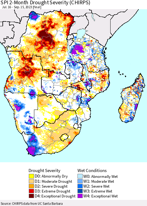 Southern Africa SPI 2-Month Drought Severity (CHIRPS) Thematic Map For 7/16/2023 - 9/15/2023