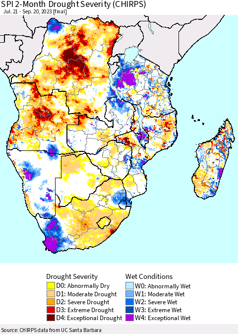 Southern Africa SPI 2-Month Drought Severity (CHIRPS) Thematic Map For 7/21/2023 - 9/20/2023