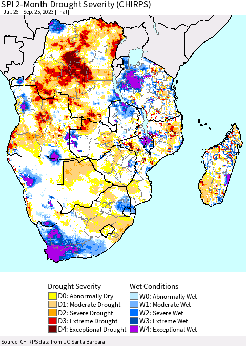 Southern Africa SPI 2-Month Drought Severity (CHIRPS) Thematic Map For 7/26/2023 - 9/25/2023