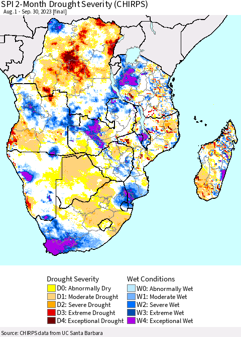 Southern Africa SPI 2-Month Drought Severity (CHIRPS) Thematic Map For 8/1/2023 - 9/30/2023