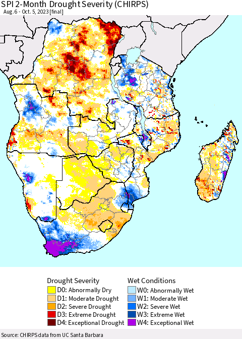 Southern Africa SPI 2-Month Drought Severity (CHIRPS) Thematic Map For 8/6/2023 - 10/5/2023