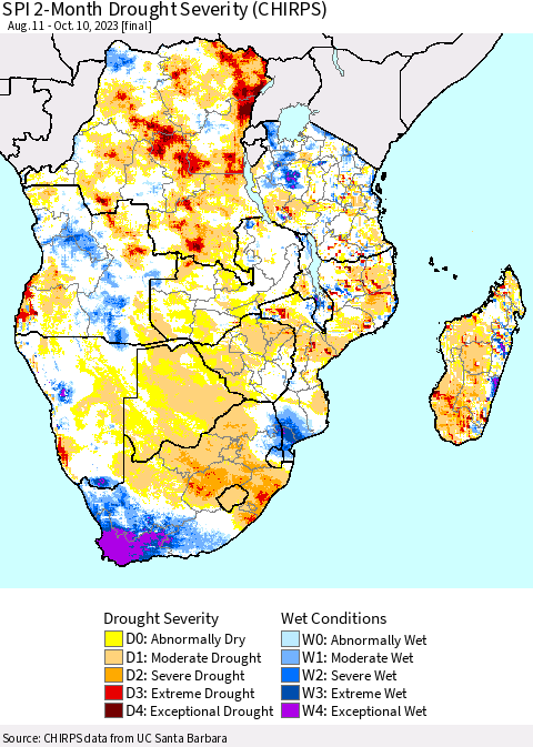Southern Africa SPI 2-Month Drought Severity (CHIRPS) Thematic Map For 8/11/2023 - 10/10/2023