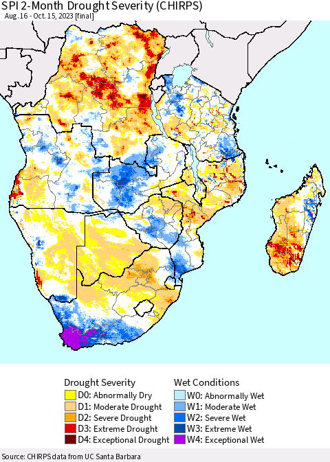 Southern Africa SPI 2-Month Drought Severity (CHIRPS) Thematic Map For 8/16/2023 - 10/15/2023