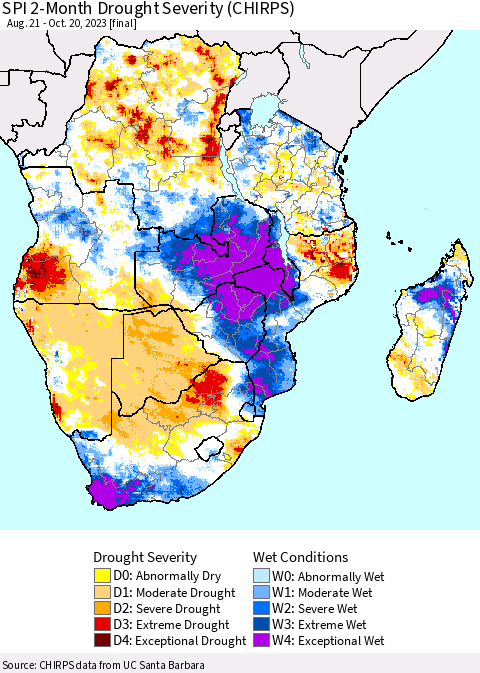 Southern Africa SPI 2-Month Drought Severity (CHIRPS) Thematic Map For 8/21/2023 - 10/20/2023