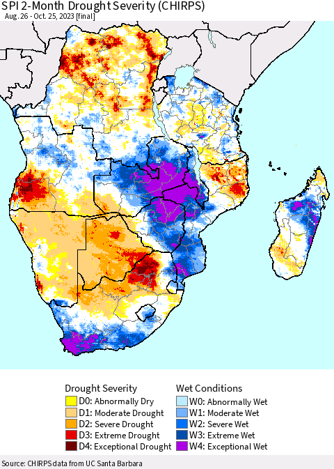 Southern Africa SPI 2-Month Drought Severity (CHIRPS) Thematic Map For 8/26/2023 - 10/25/2023