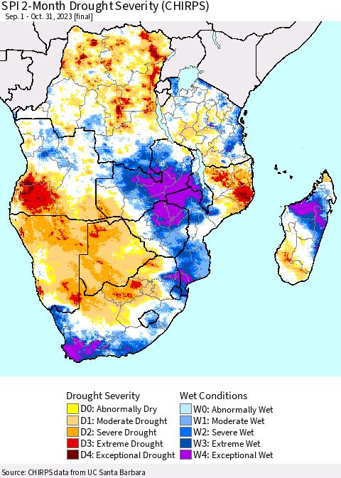 Southern Africa SPI 2-Month Drought Severity (CHIRPS) Thematic Map For 9/1/2023 - 10/31/2023