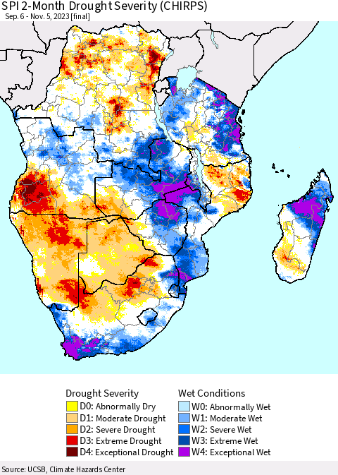 Southern Africa SPI 2-Month Drought Severity (CHIRPS) Thematic Map For 9/6/2023 - 11/5/2023