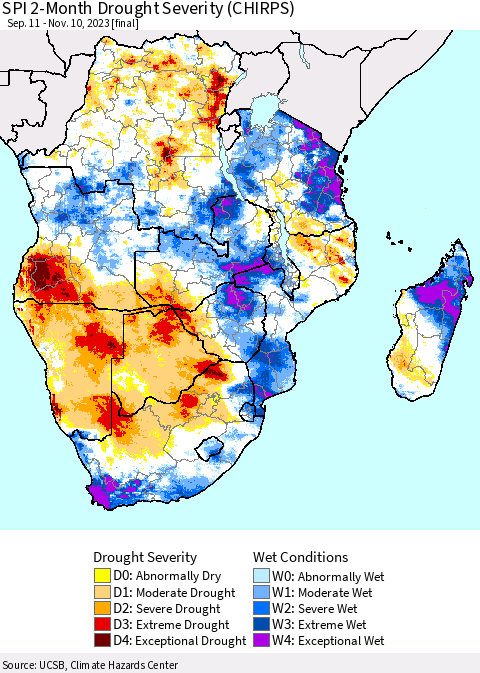 Southern Africa SPI 2-Month Drought Severity (CHIRPS) Thematic Map For 9/11/2023 - 11/10/2023