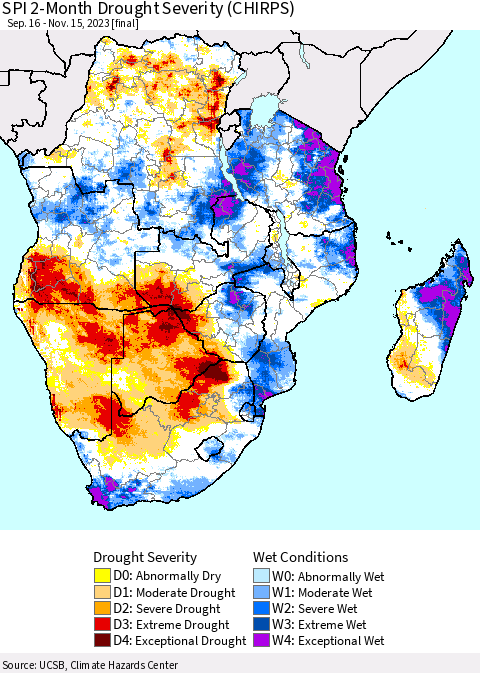 Southern Africa SPI 2-Month Drought Severity (CHIRPS) Thematic Map For 9/16/2023 - 11/15/2023
