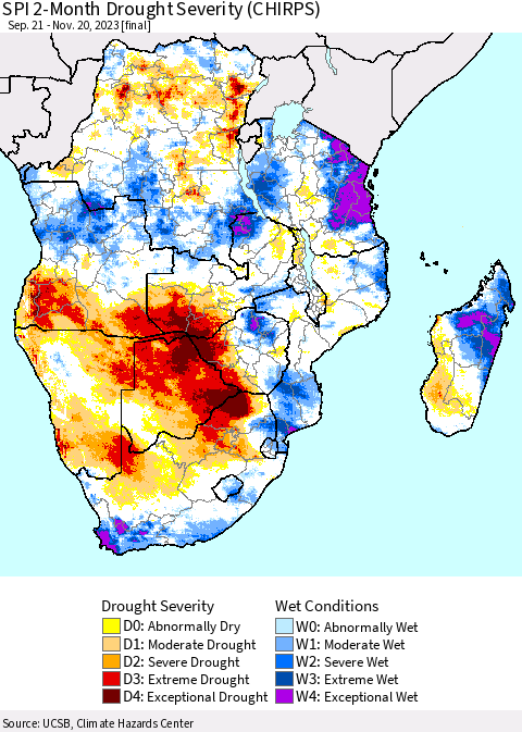 Southern Africa SPI 2-Month Drought Severity (CHIRPS) Thematic Map For 9/21/2023 - 11/20/2023