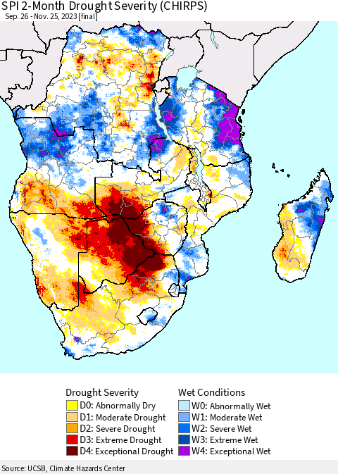 Southern Africa SPI 2-Month Drought Severity (CHIRPS) Thematic Map For 9/26/2023 - 11/25/2023